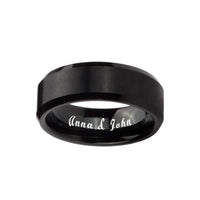 8mm - Mens Tungsten Wedding Band, Pipe Cut Grooves off Center Black Sapphires