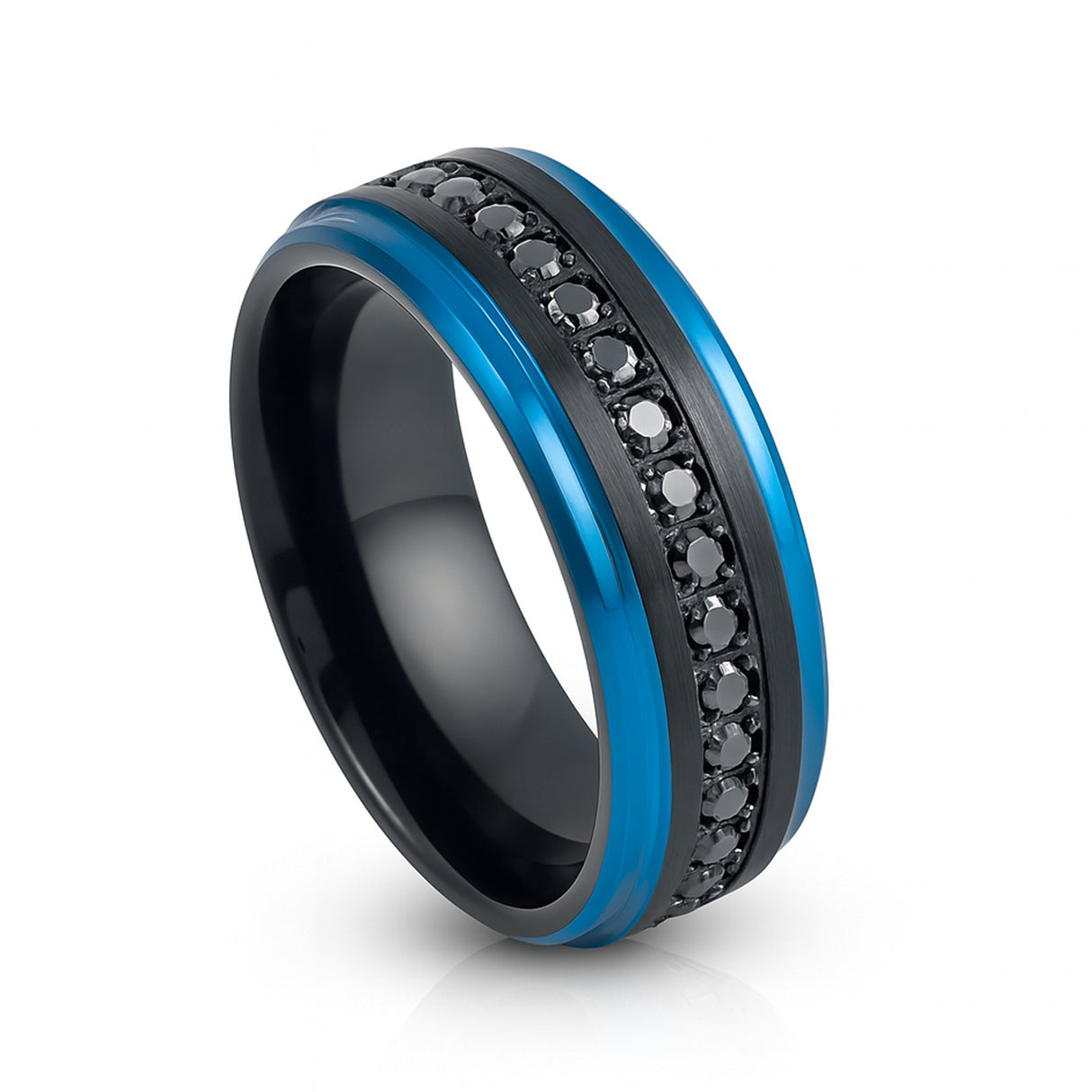 BRUSHED BLACK Tungsten RING, Blue Stepped EDGES, BLACK SAPPHIRE ALL AROUND - 8MM