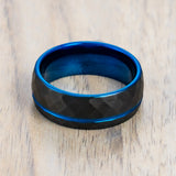 Black Tungsten Band Matte Hammered Finish Blue Off Center Groove - 8mm