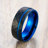 Black Tungsten Band Matte Hammered Finish Blue Off Center Groove - 8mm