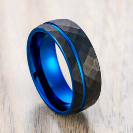 Black Tungsten Band Matte Hammered Finish Blue Off Center Groove - 8mm