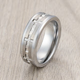 8mm - Men's Silver Tungsten Wedding Band, White Diamond Ring, Comfort Fit Anniversary Ring