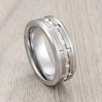 8mm - Men's Silver Tungsten Wedding Band, White Diamond Ring, Comfort Fit Anniversary Ring
