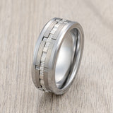 8mm - Men's Silver Tungsten Wedding Band, White Diamond Ring, Comfort Fit Anniversary Ring