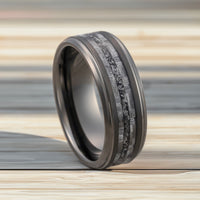 Tungsten wedding Band, Gunmetal Carbon Fiber W/ Meteorite Center Inlay Ring 8mm