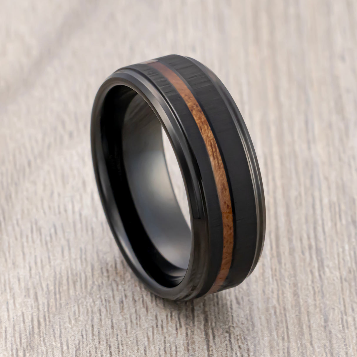 8mm Black Tungsten Wedding Band With Real Hawaiian Koa Wood Inlay