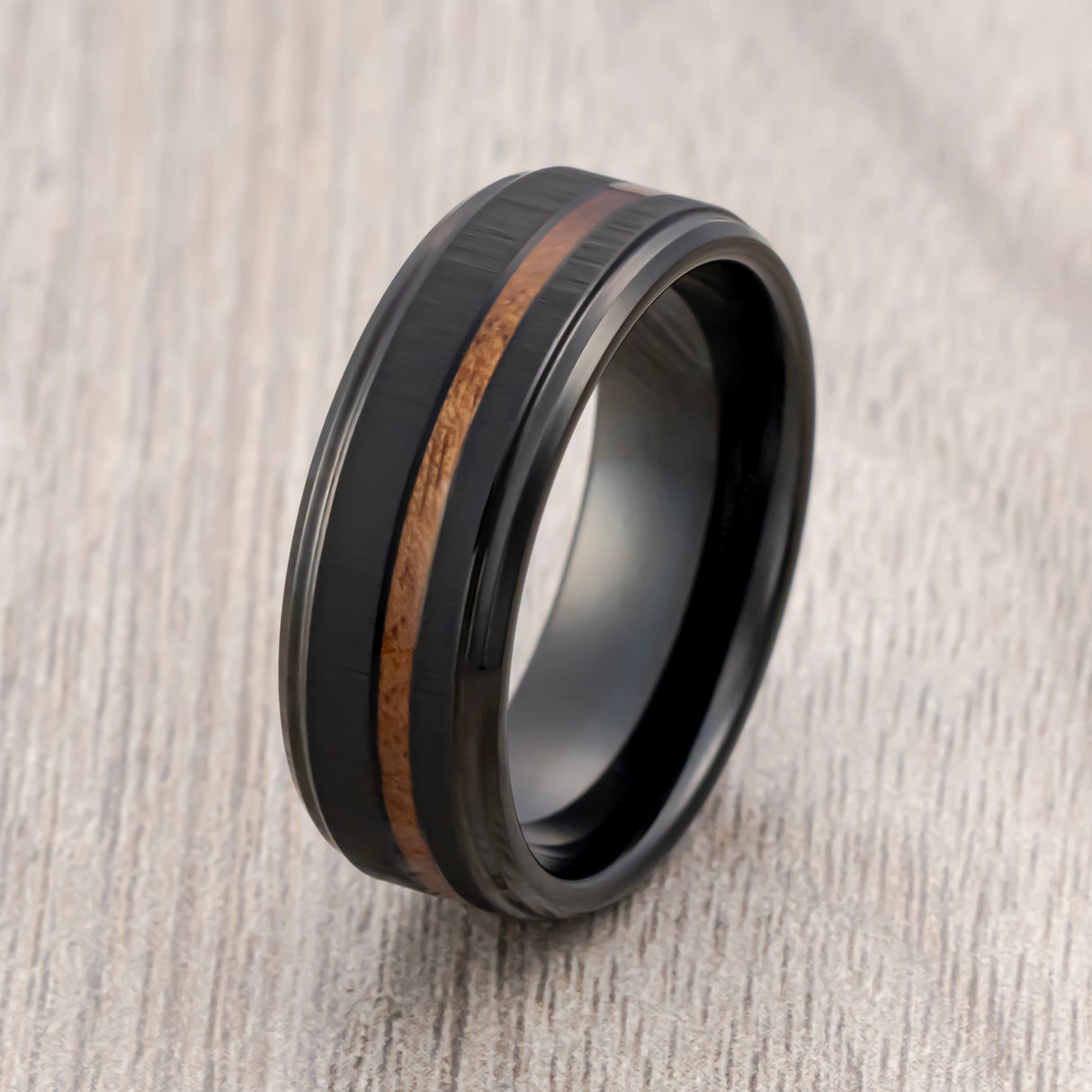 8mm Black Tungsten Wedding Band With Real Hawaiian Koa Wood Inlay