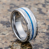 8mm - Tungsten Ring for Men with Blue opal Inlay Unique Band Glowing Luminous in the Dark