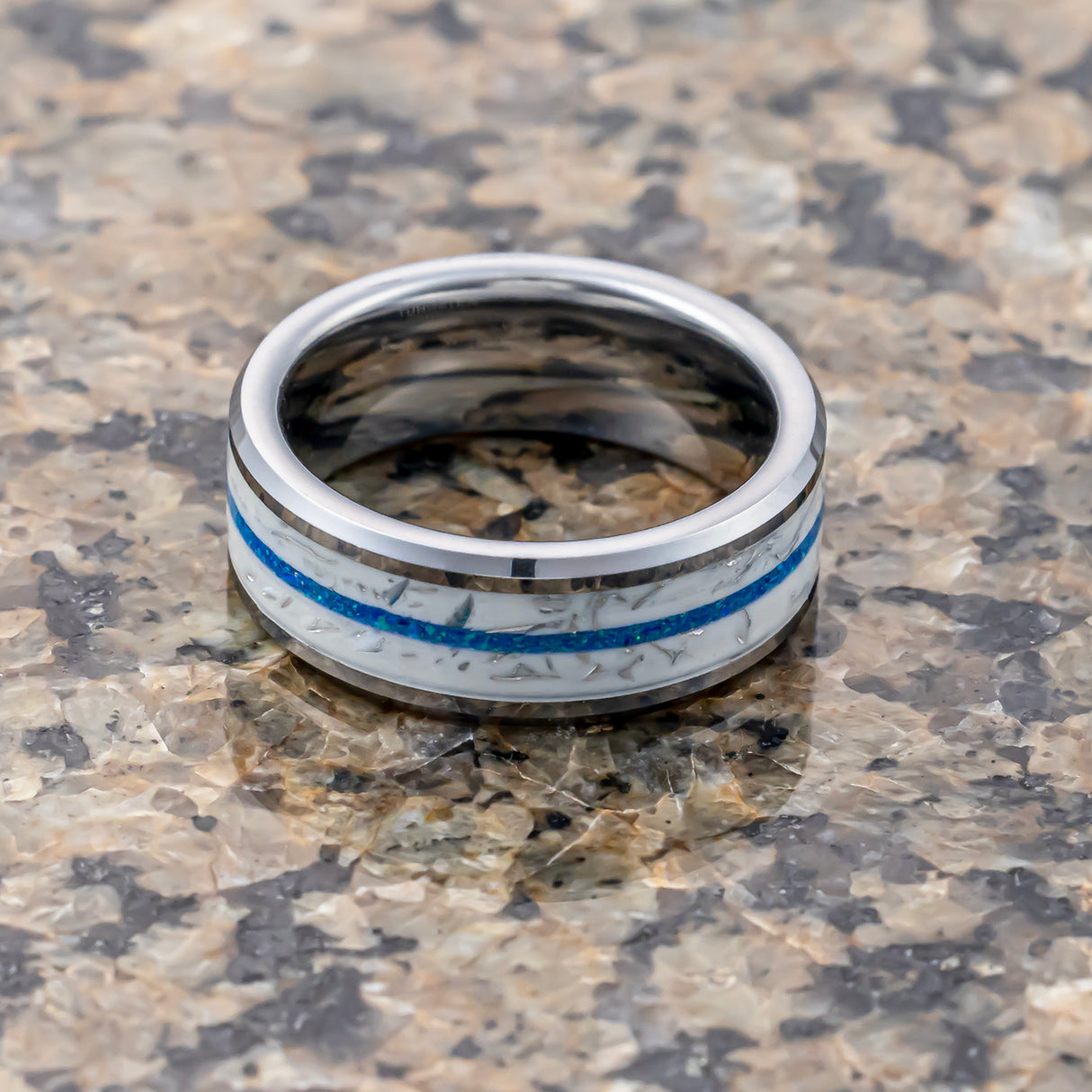 8mm - Tungsten Ring for Men with Blue opal Inlay Unique Band Glowing Luminous in the Dark