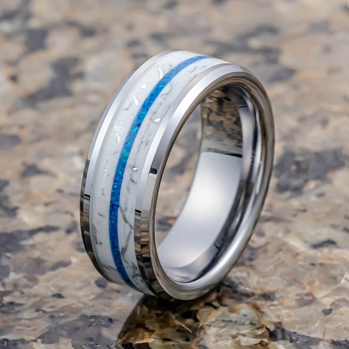 8mm - Tungsten Ring for Men with Blue opal Inlay Unique Band Glowing Luminous in the Dark