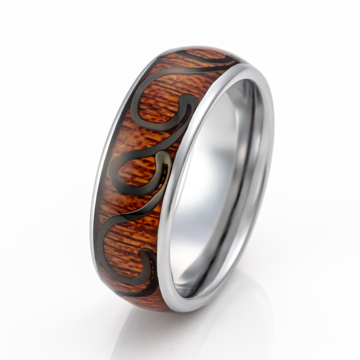 8mm - Silver Tungsten Wedding Band, Koa Wood Black Wave Design Inlay