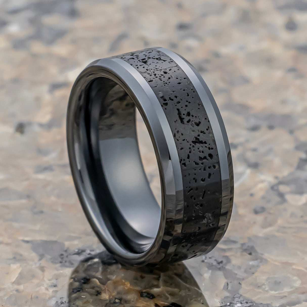 8mm Black Ceramic Wedding Band with Black Gray Lava Rock Stone