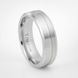 Silver Titanium Grooved Center Beveled Edged Ring - 7mm