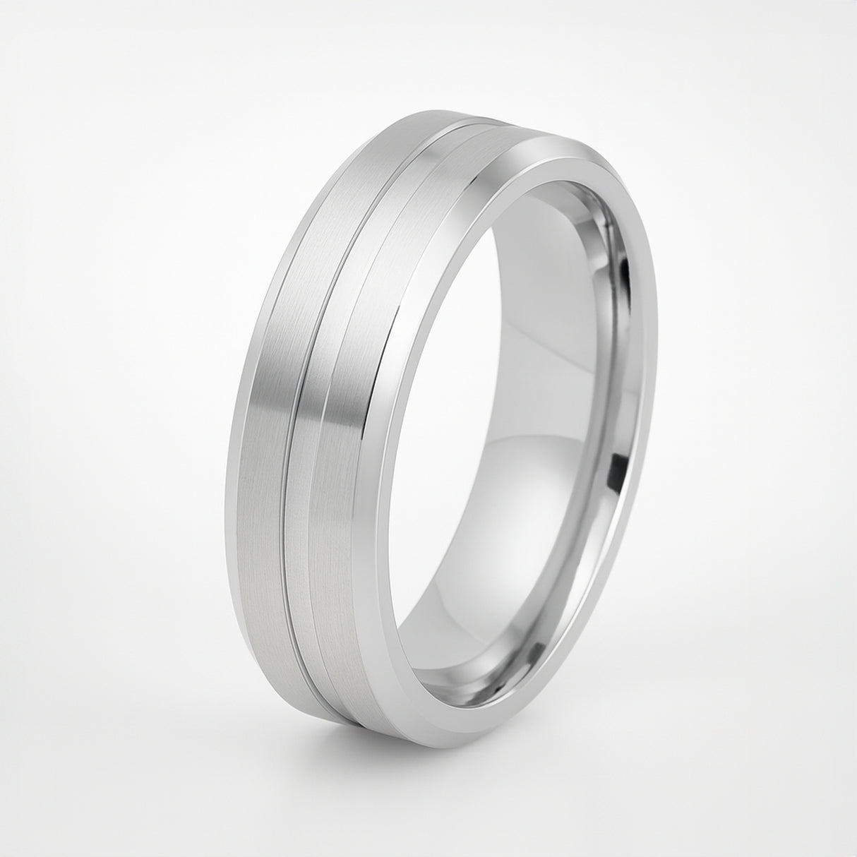 Silver Titanium Grooved Center Beveled Edged Ring - 7mm