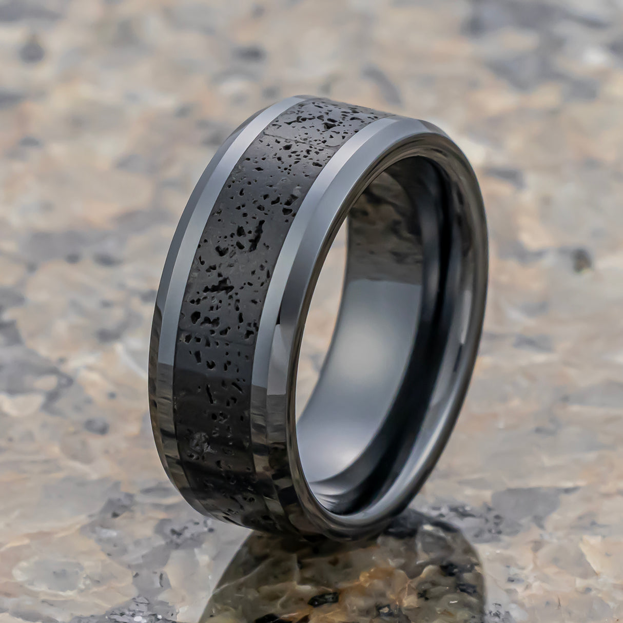 8mm Black Ceramic Wedding Band with Black Gray Lava Rock Stone