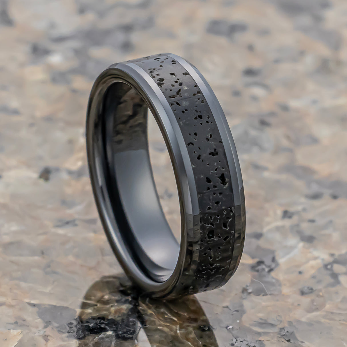 6mm Black Ceramic Wedding Band with Black Gray Lava Rock Stone