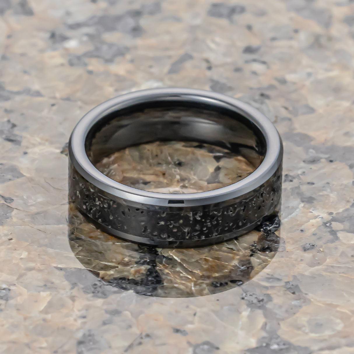 6mm Black Ceramic Wedding Band with Black Gray Lava Rock Stone