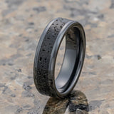 6mm Black Ceramic Wedding Band with Black Gray Lava Rock Stone