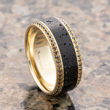 HYPERION Lava Inlaid 10K Yellow Gold Wedding Ring Polished Beveled Edges Set with Round Black Diamonds - 10mm