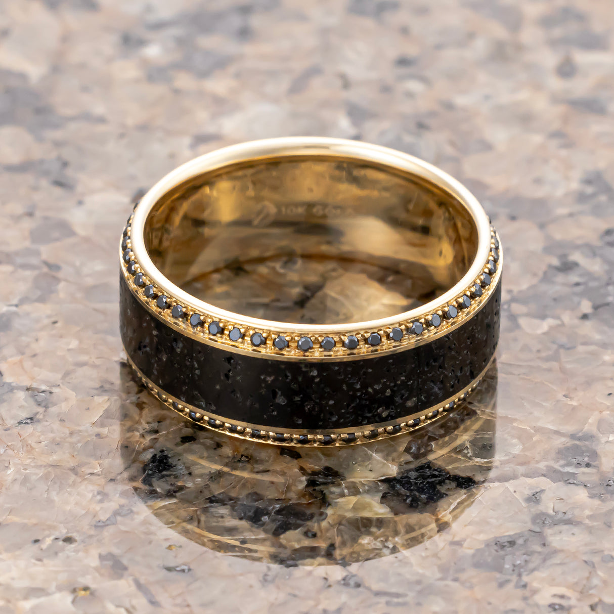 HYPERION Lava Inlaid 10K Yellow Gold Wedding Ring Polished Beveled Edges Set with Round Black Diamonds - 10mm