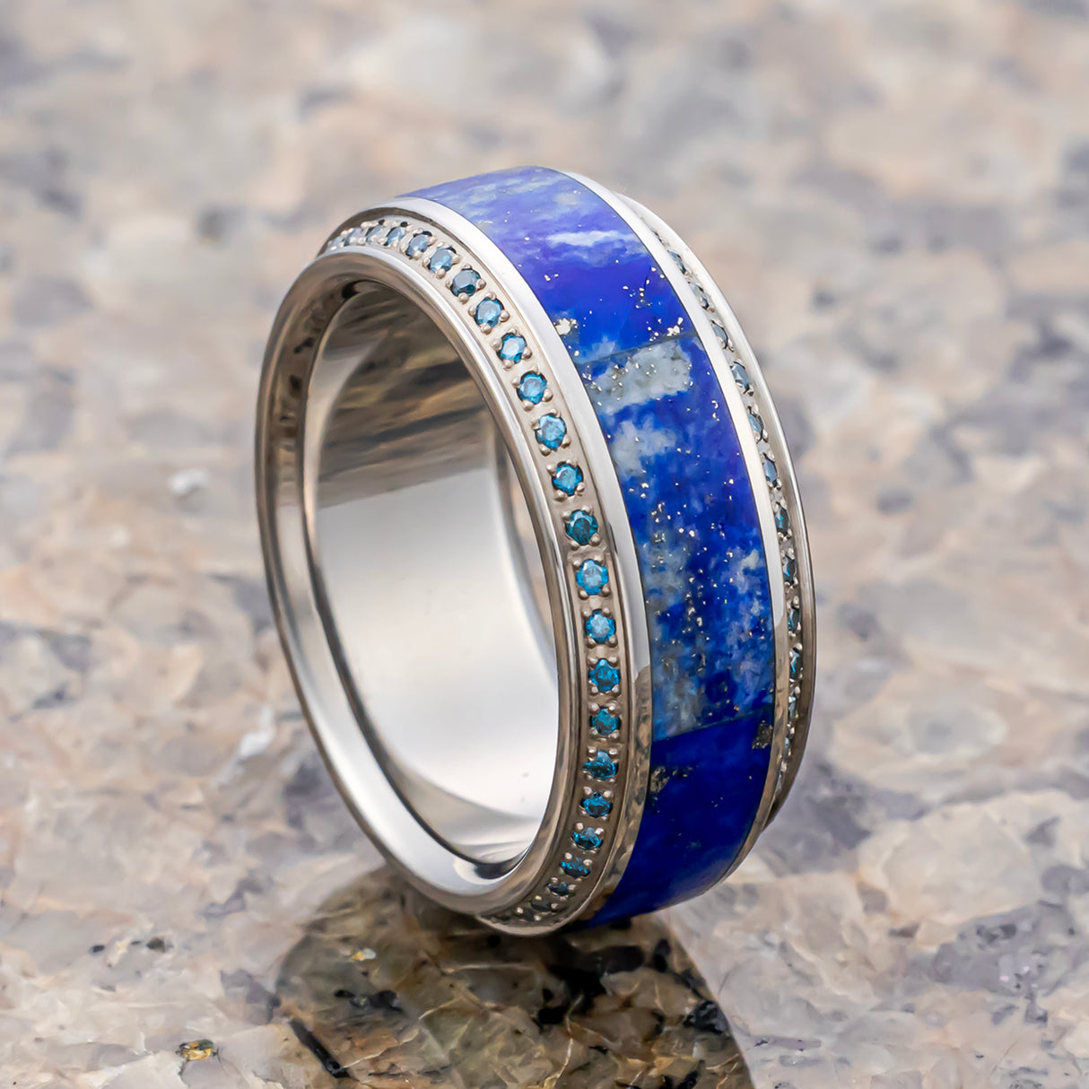 HYDRA Lapis Lazuli Inlaid Titanium Wedding Ring Polished Beveled Edges Set with Round Blue Diamonds - 10mm