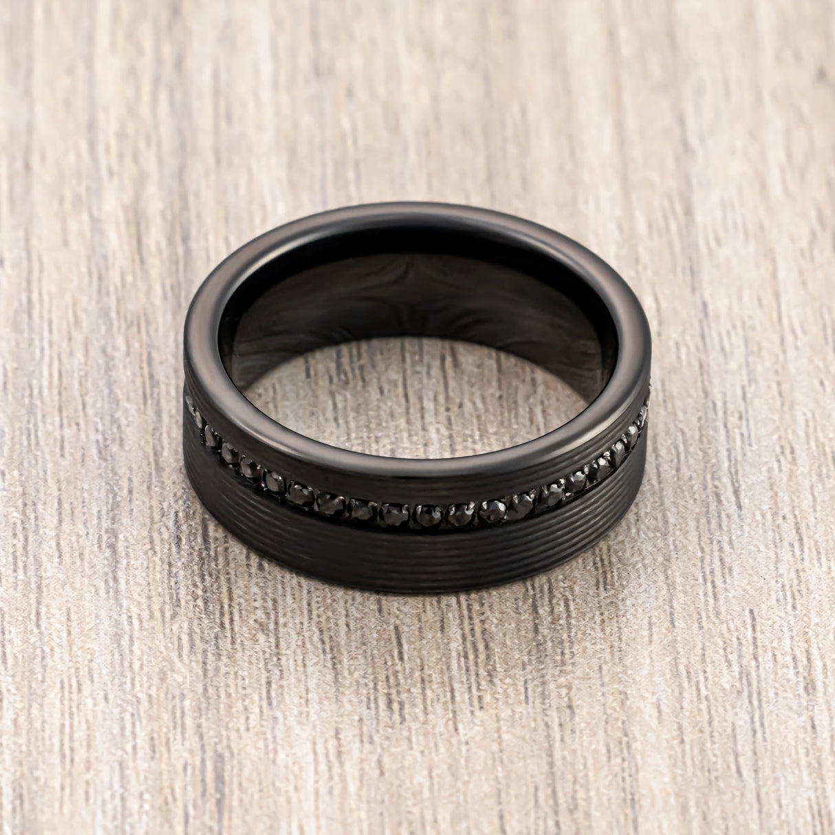 8mm - Mens Tungsten Wedding Band, Pipe Cut Grooves off Center Black Sapphires