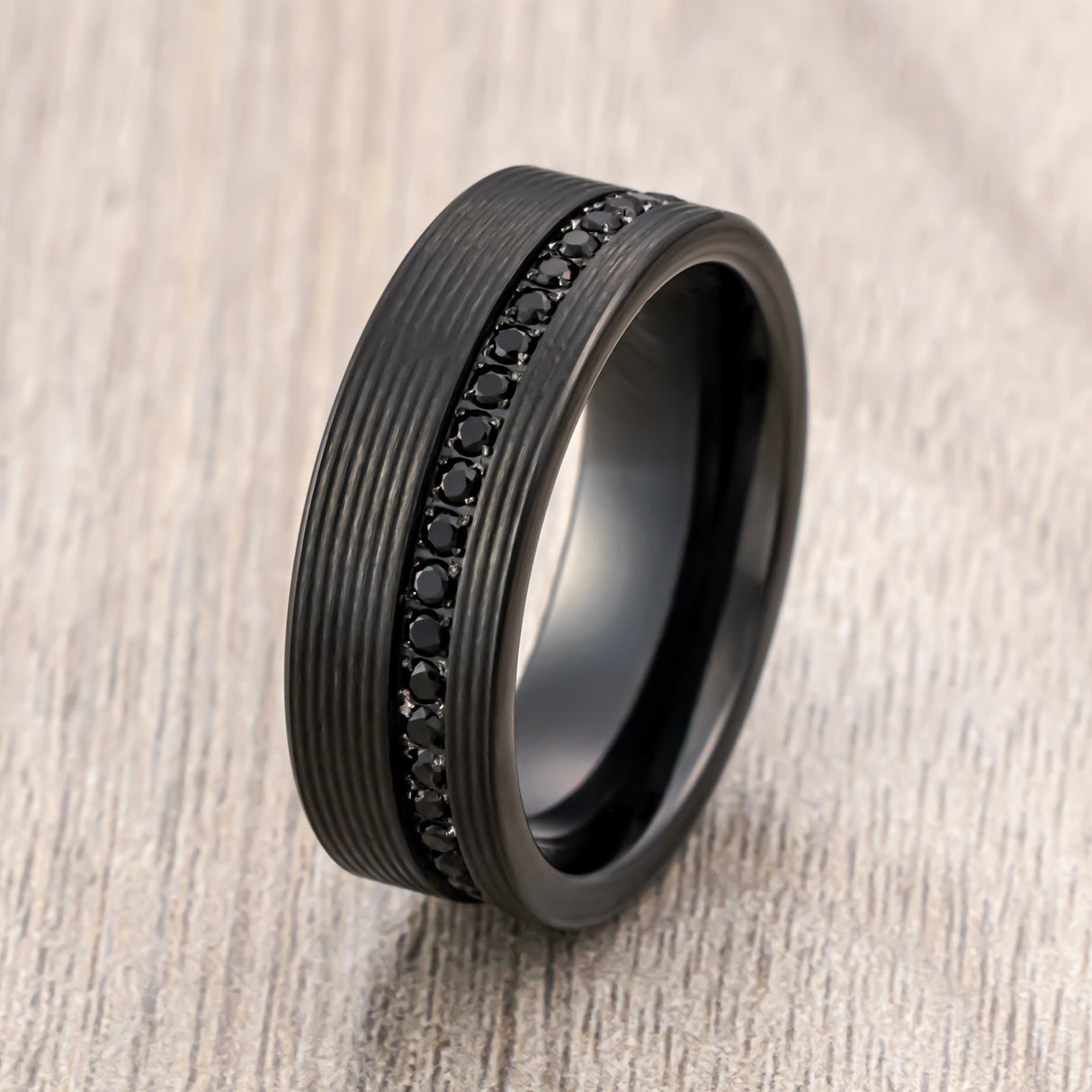 8mm - Mens Tungsten Wedding Band, Pipe Cut Grooves off Center Black Sapphires