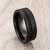 8mm - Mens Tungsten Wedding Band, Pipe Cut Grooves off Center Black Sapphires
