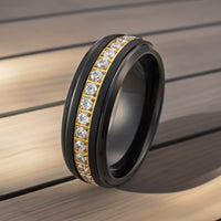 8mm - Black & Gold Tungsten Wedding Band, W/ White Diamonds
