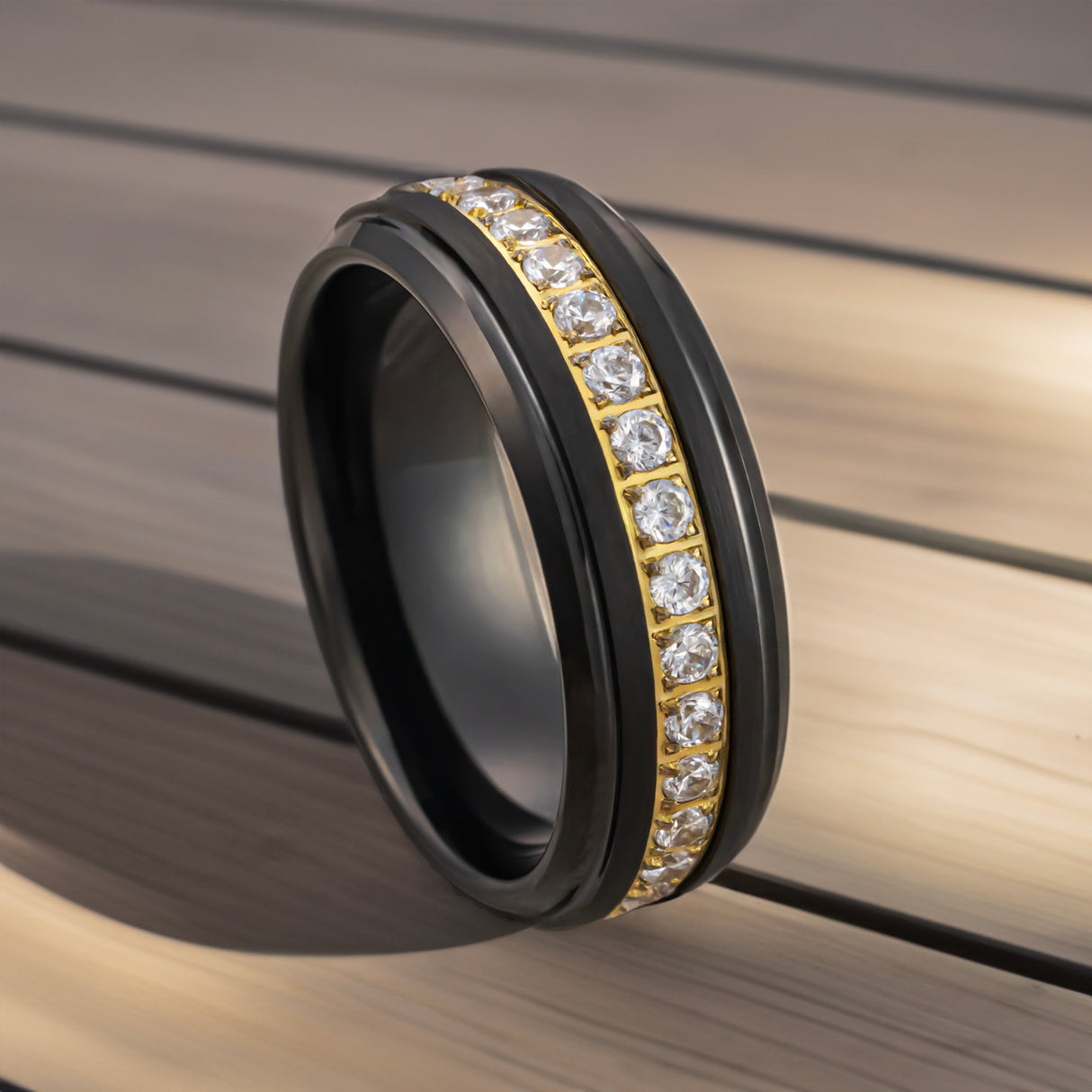 8mm - Black & Gold Tungsten Wedding Band, W/ White Diamonds