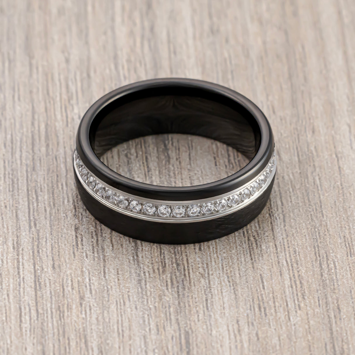 8mm - Black Tungsten Wedding Band, Off Center White Diamonds Brushed Ring