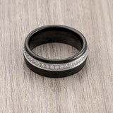 8mm - Black Tungsten Wedding Band, Off Center White Diamonds Brushed Ring