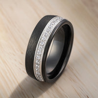 8mm - Black Tungsten Wedding Band, Off Center White Diamonds Brushed Ring