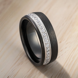 8mm - Black Tungsten Wedding Band, Off Center White Diamonds Brushed Ring