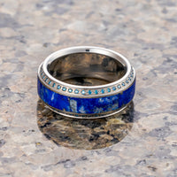 HYDRA Lapis Lazuli Inlaid Titanium Wedding Ring Polished Beveled Edges Set with Round Blue Diamonds - 10mm