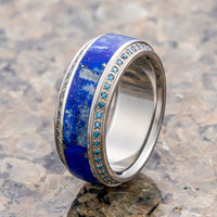 HYDRA Lapis Lazuli Inlaid Titanium Wedding Ring Polished Beveled Edges Set with Round Blue Diamonds - 10mm