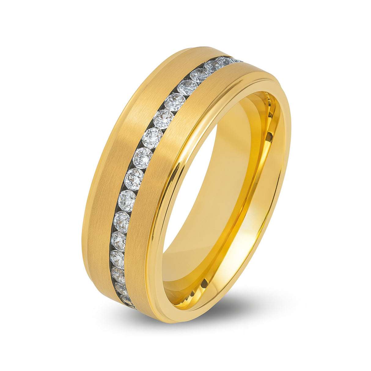 Gold Titanium Ring Brushed Full Eternity White CZ Diamonds Stepped Edges 8mm