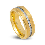 Gold Titanium Ring Brushed Full Eternity White CZ Diamonds Stepped Edges 8mm
