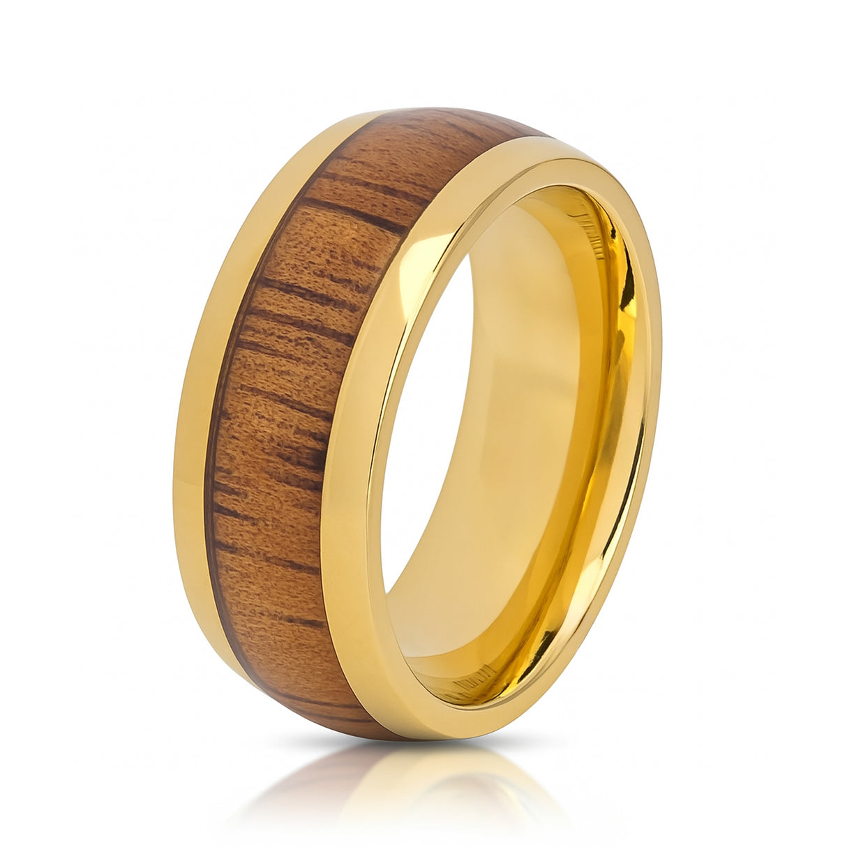 Mens Gold Titanium Dome Ring with Natural Hawaiian Koa Wood Inlay - 9mm