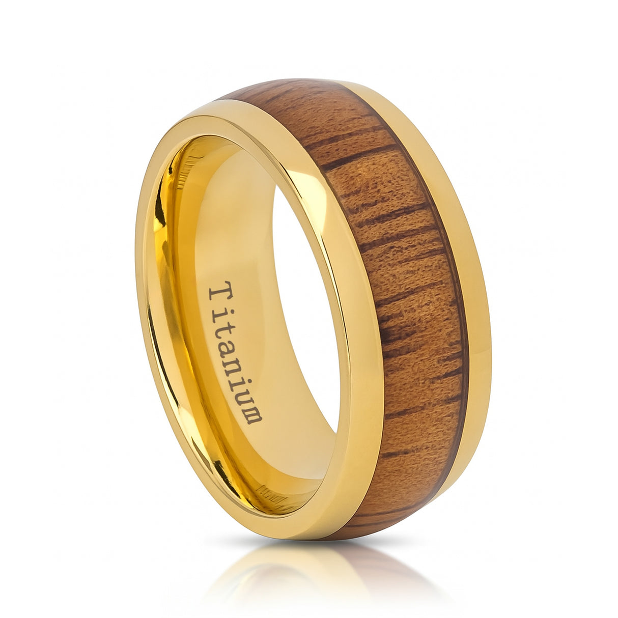 Mens Gold Titanium Dome Ring with Natural Hawaiian Koa Wood Inlay - 9mm