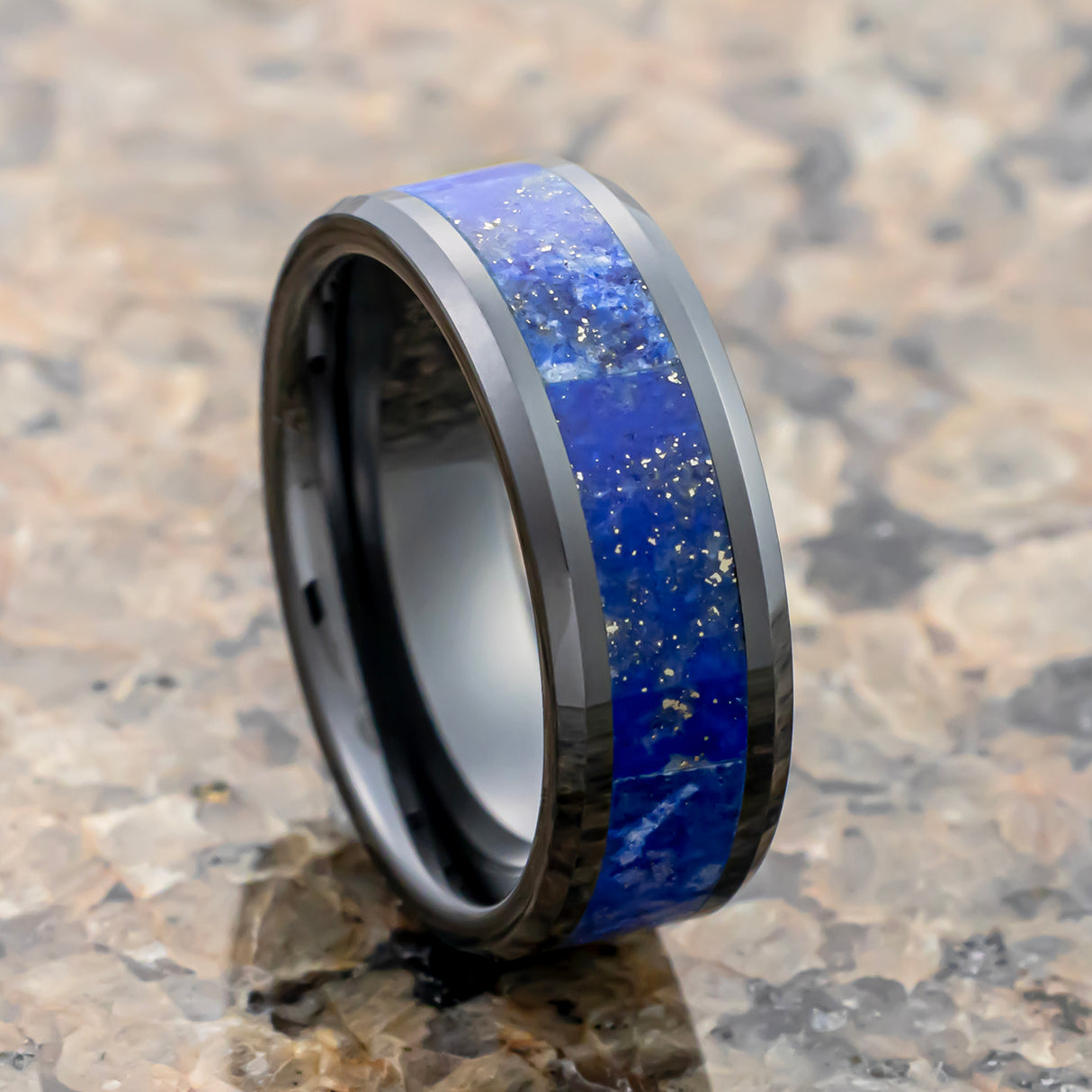 Men’s Polished Black Ceramic Wedding Band with Blue Lapis Lazuli Stone Inlay Ring & Beveled Edges -8 mm