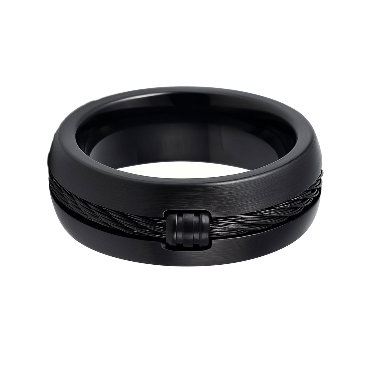 8mm - Mens Black Titanium Ring Single Center Locked Cable Inlay