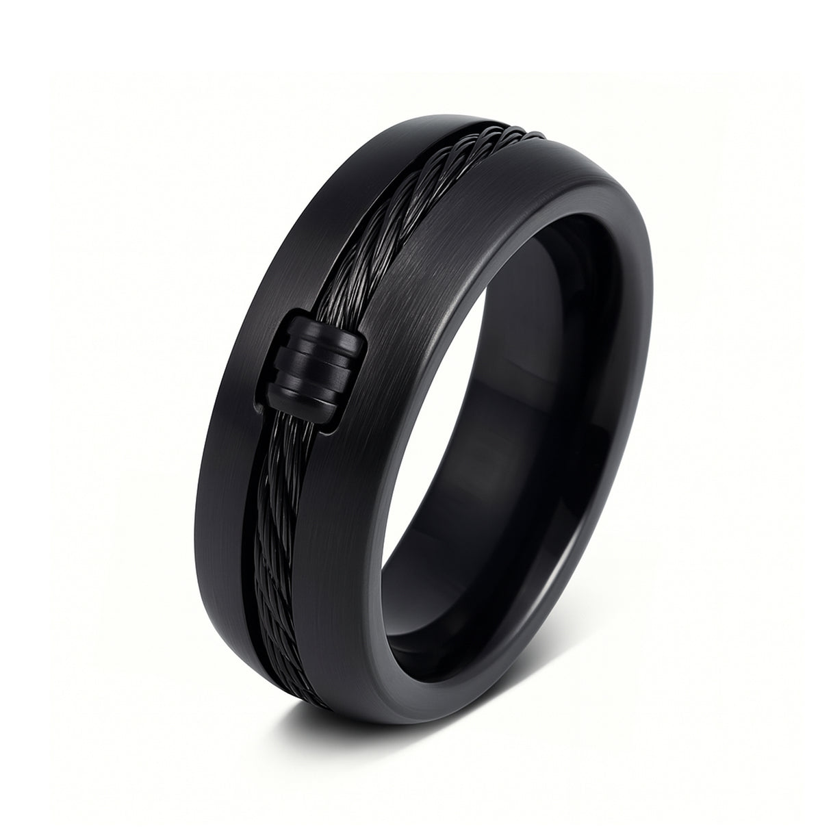 8mm - Mens Black Titanium Ring Single Center Locked Cable Inlay