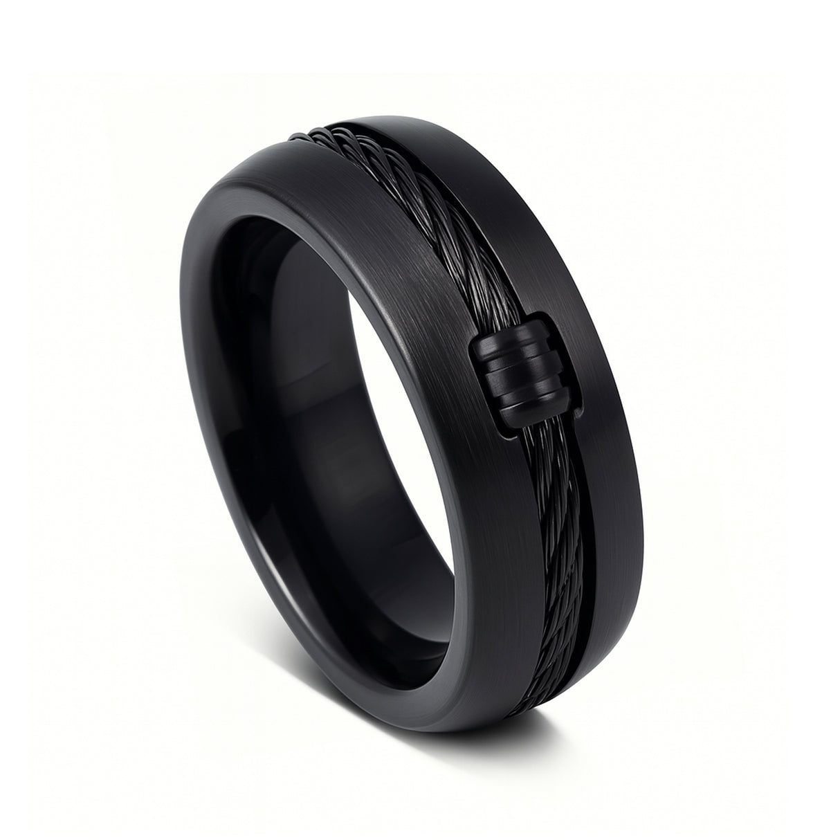 8mm - Mens Black Titanium Ring Single Center Locked Cable Inlay