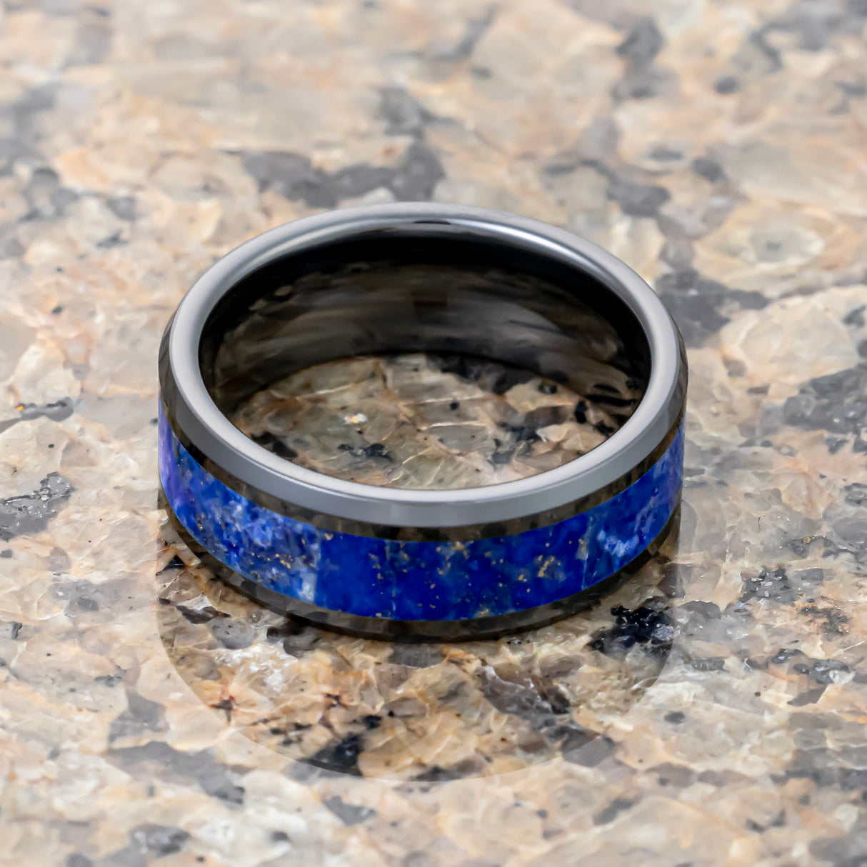 MARLOW Black Ceramic Wedding Band W/ Blue Lapis Inlay & Beveled Edges - 8mm