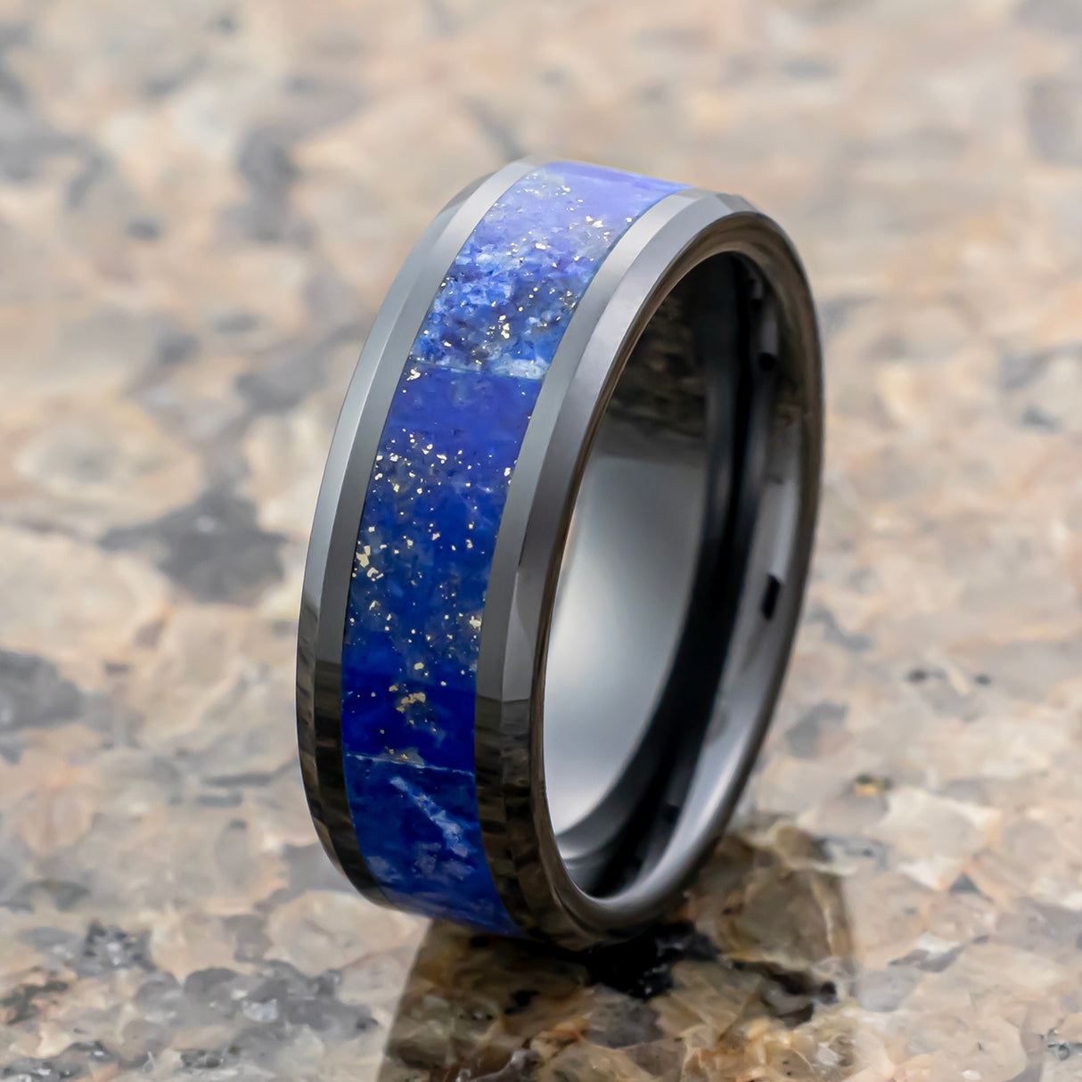 Thorsten MARLOW Black Ceramic Wedding Band with Blue Lapis Inlay & Beveled Edges - 8mm Thorsten MARLOW Black Ceramic Wedding Band with Blue Lapis Inlay & Beveled Edges - 8mm