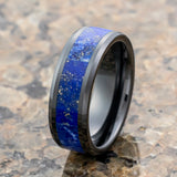 MARLOW Black Ceramic Wedding Band W/ Blue Lapis Inlay & Beveled Edges - 8mm