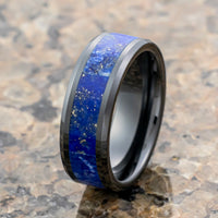 Men’s Polished Black Ceramic Wedding Band with Blue Lapis Lazuli Stone Inlay Ring & Beveled Edges -8 mm