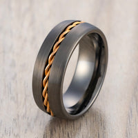 8mm - Tungsten Gunmetal Ring With Rose Gold Rope Inlay Dome Shape