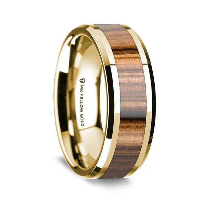 14K Yellow Gold Polished Beveled Edges W/ Zebra Wood Inlay - 8mm